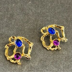 Artsy gold tone Royal cobalt blue purple earrings